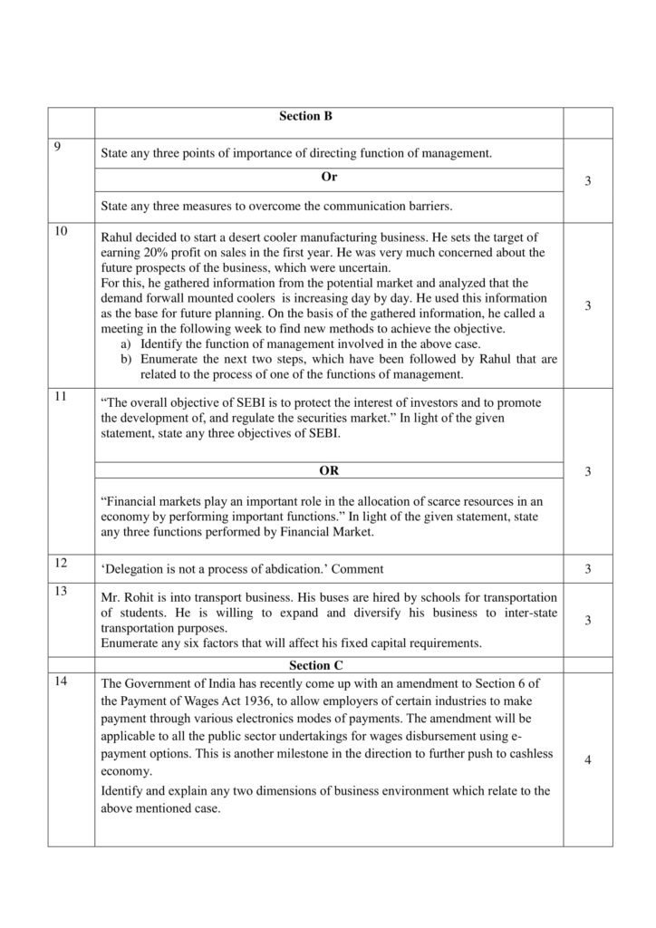 Business Studies Class 12 Sample Paper 2019 Pseb samples papers