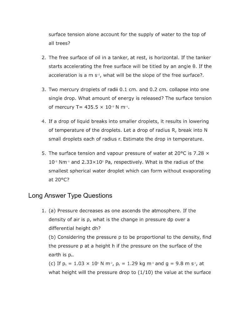Important Questions For Class 11 Physics Ch 10 Mechanical Properties Of Fluids