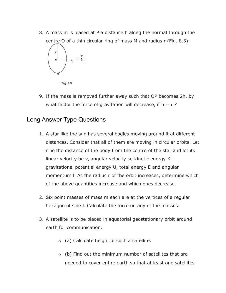 Important Questions For Class 11 Physics Ch 8 Gravitation