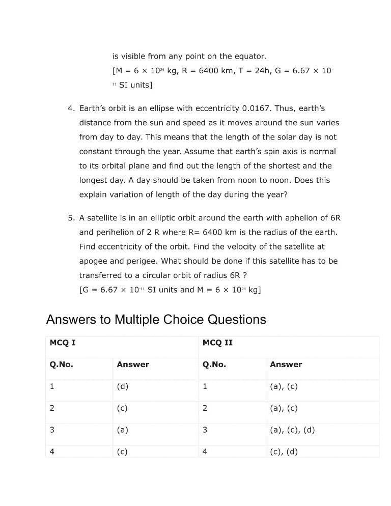 Important Questions For Class 11 Physics Ch 8 Gravitation