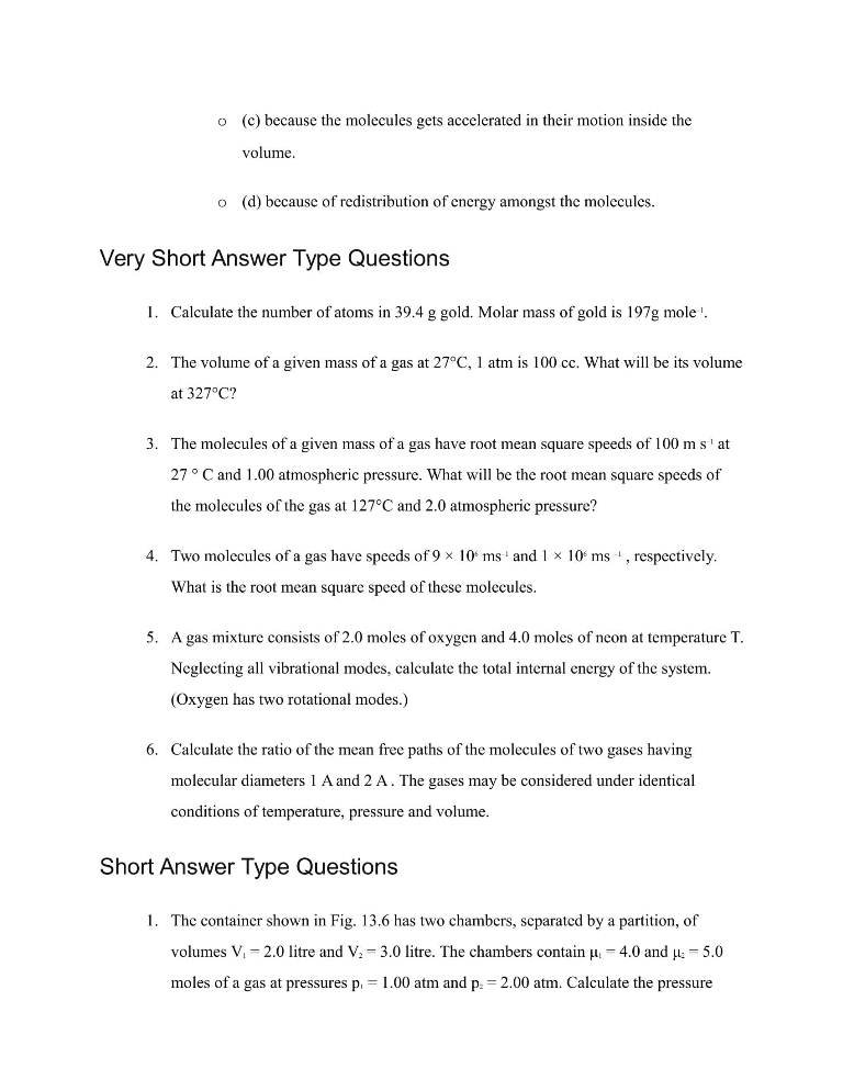 Important Questions For Class 11 Physics Chapter 13 Kinetic Theory