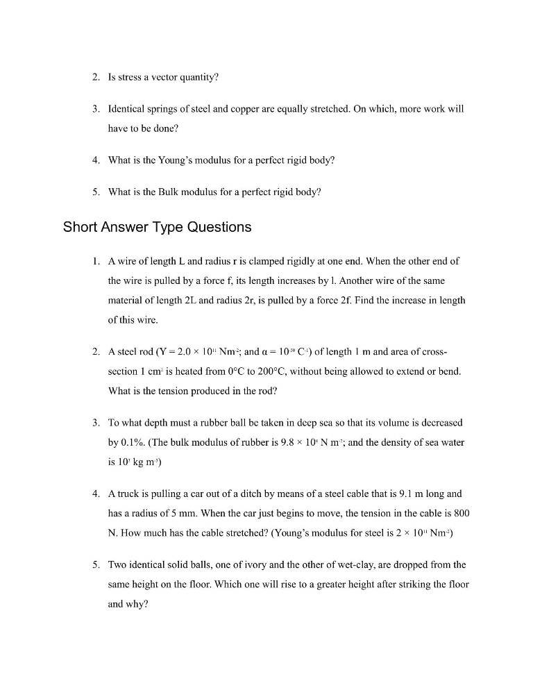 Important Questions For Class 11 Physics Chapter 9 Mechanical Properties Of Solids