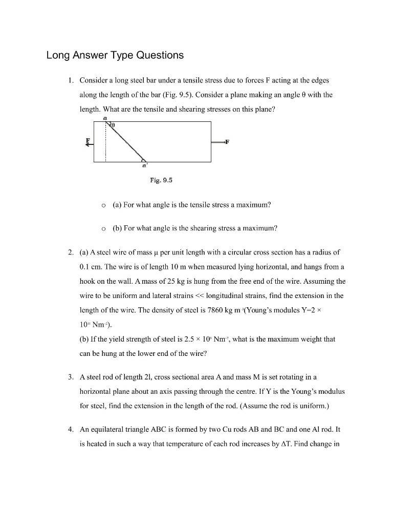 Important Questions For Class 11 Physics Chapter 9 Mechanical Properties Of Solids