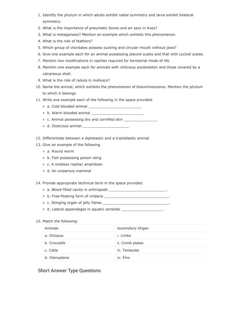 Important Questions For Class 11 Biology Chapter 4 Animal Kingdom