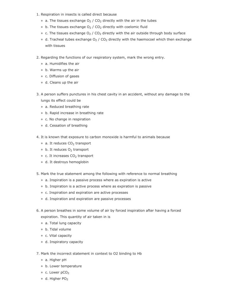 Important Questions For Class 11 Biology Chapter 17 Breathing and Exchange of Gases