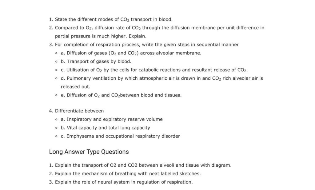 Important Questions For Class 11 Biology Chapter 17 Breathing and Exchange of Gases