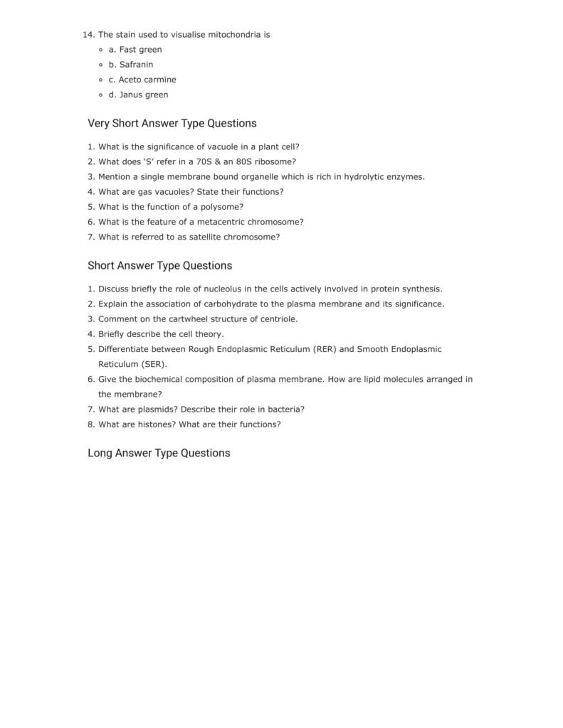 Important Questions For Class 11 Biology Chapter 8 Cell The Unit of Life