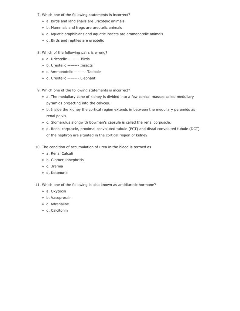 Important Questions For Class 11 Biology Ch 19 Excretory Products and their Elimination