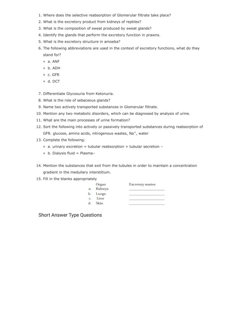 Important Questions For Class 11 Biology Ch 19 Excretory Products and their Elimination
