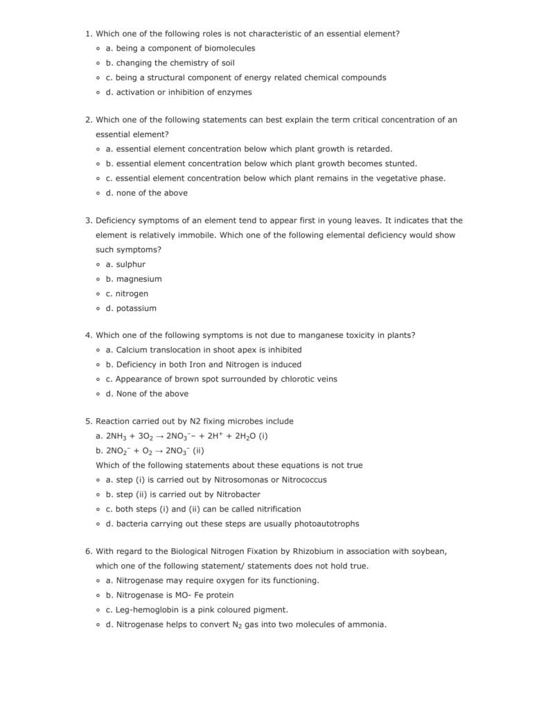 Important Questions For Class 11 Biology Chapter 12 Mineral Nutrition