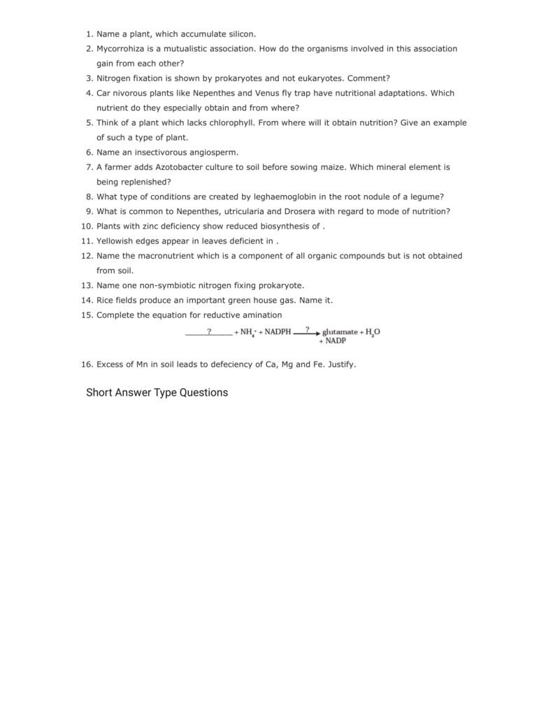 Important Questions For Class 11 Biology Chapter 12 Mineral Nutrition