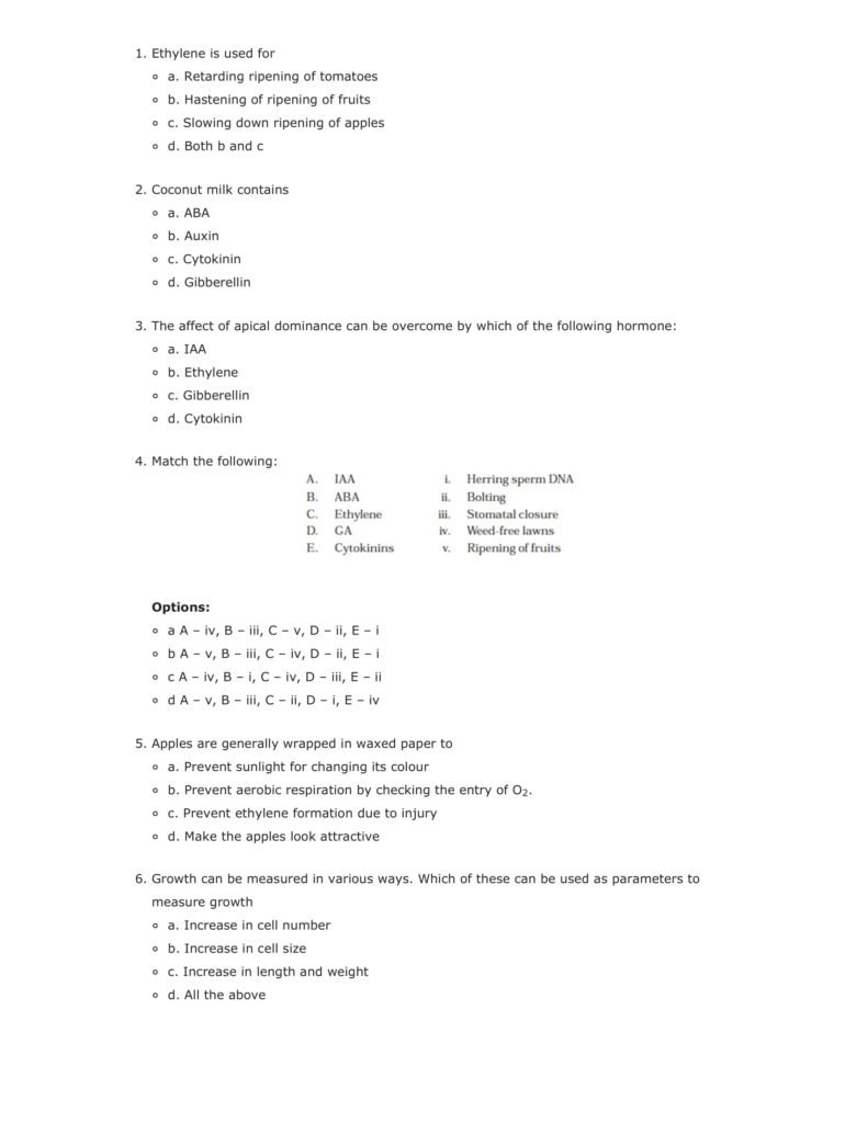 Important Questions For Class 11 Biology Chapter 15 Plant Growth and Development