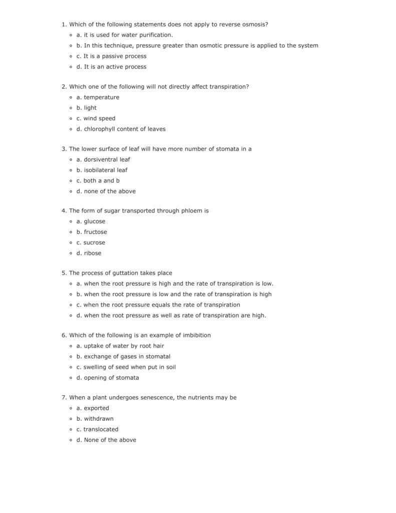Important Questions For Class 11 Biology Ch 11 Transport in Plants