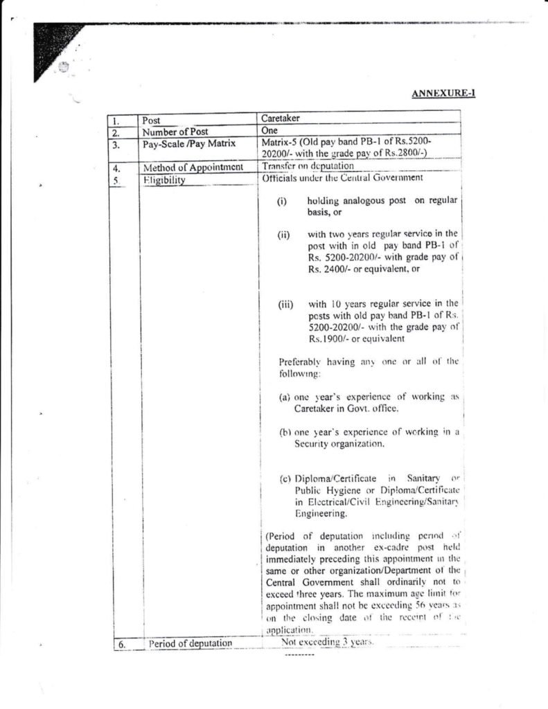 Recruitment of SSC Caretaker Pay Scale, Eligibility Criteria, Post Vacancy - Deputation Basis Recruitment of SSC Caretaker Pay Scale, Eligibility Criteria, Post Vacancy - Deputation Basis Post of Caretaker in the Pay Matrix-5 {old Pay Band PB-1 of Rs. 5200- 20200/- with the Grade Pay of Rs. 2800/-) in the Headquarters of the Staff Selection Commission at New Delhi on Deputation Basis.