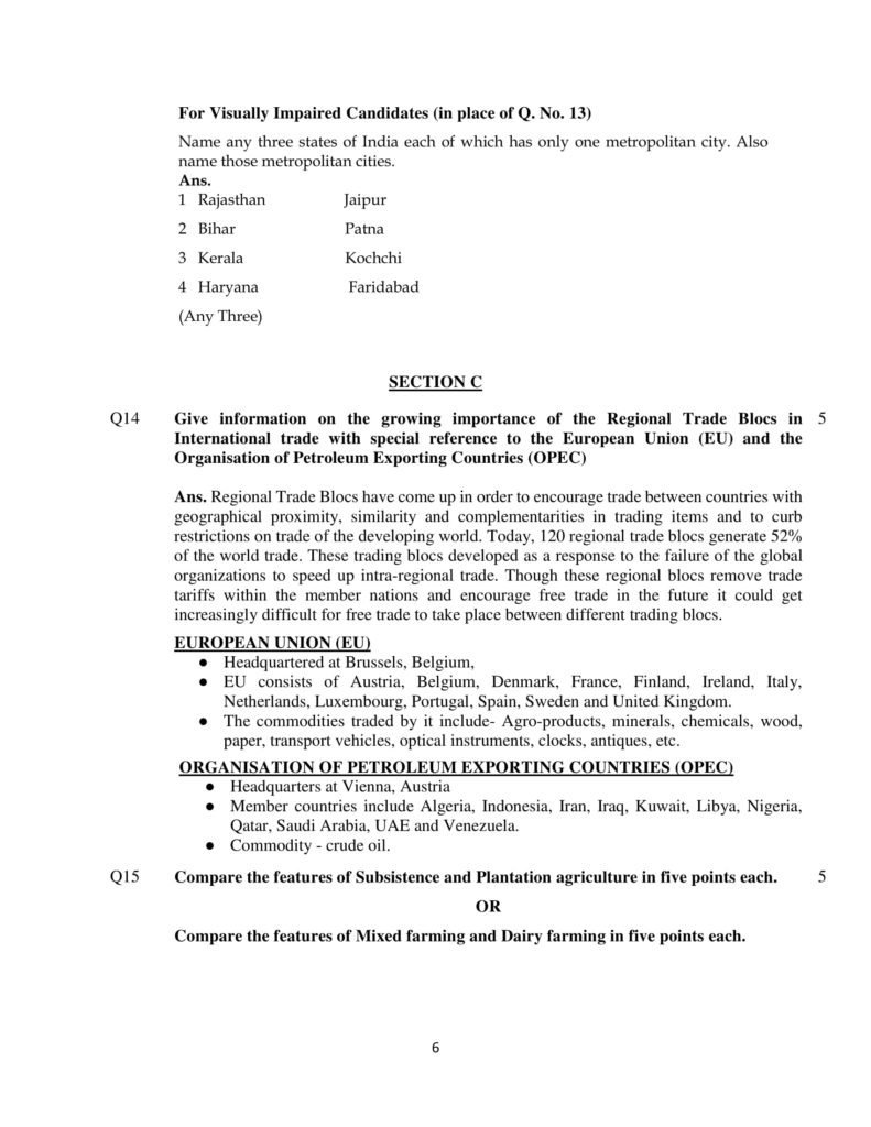 Geography Class 12 Marking Scheme, Solved Paper with answers PDF Download 2018-19