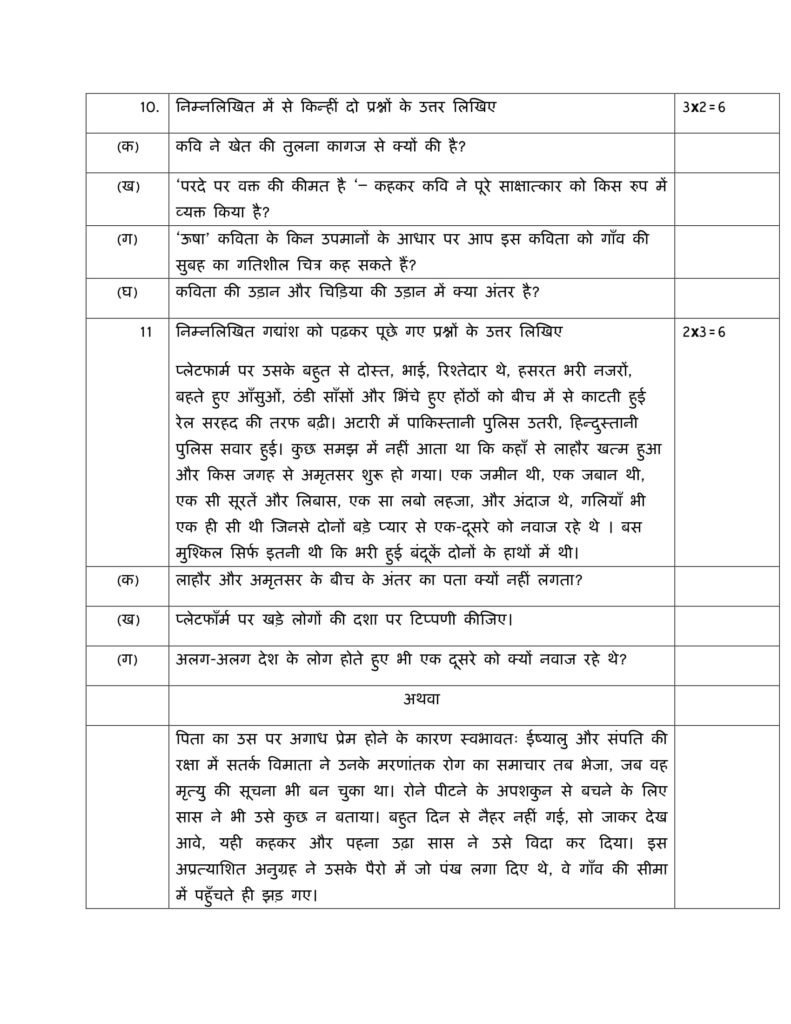 Hindi Core Class 12 Sample Question Paper PDF Download 2018-19