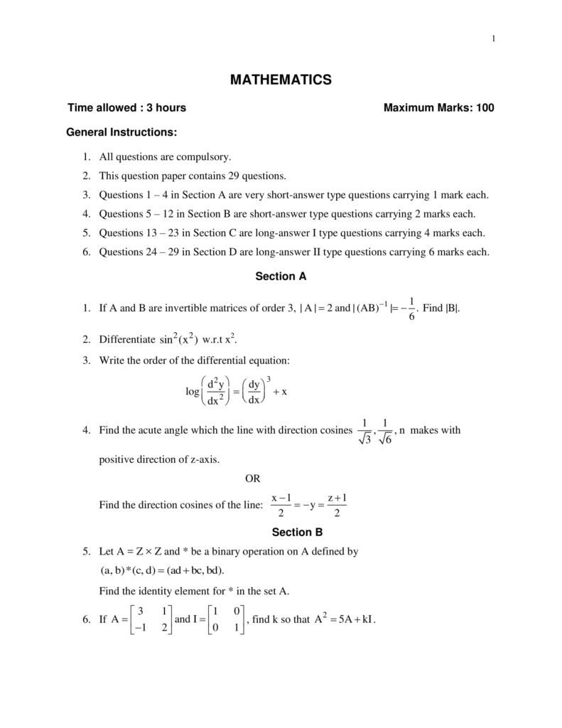 Maths Class 12 Sample Question Paper PDF Download 2018-19