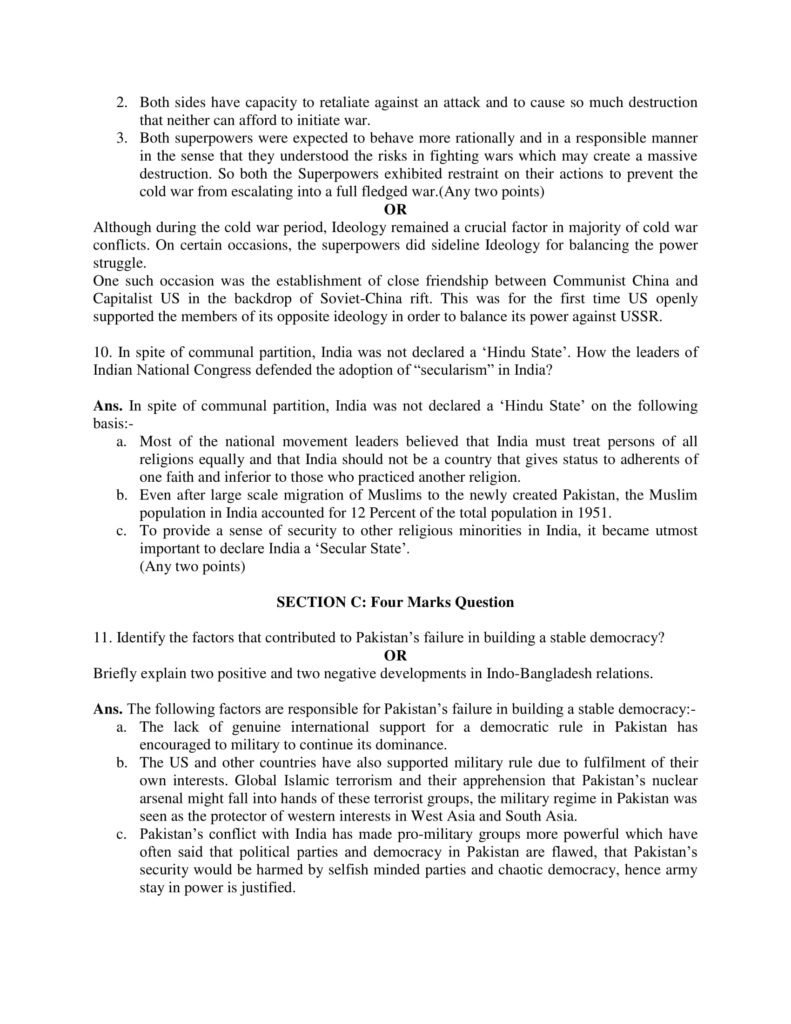 Political Science Class 12 Marking Scheme, Solved Paper with answers PDF Download 2018-19