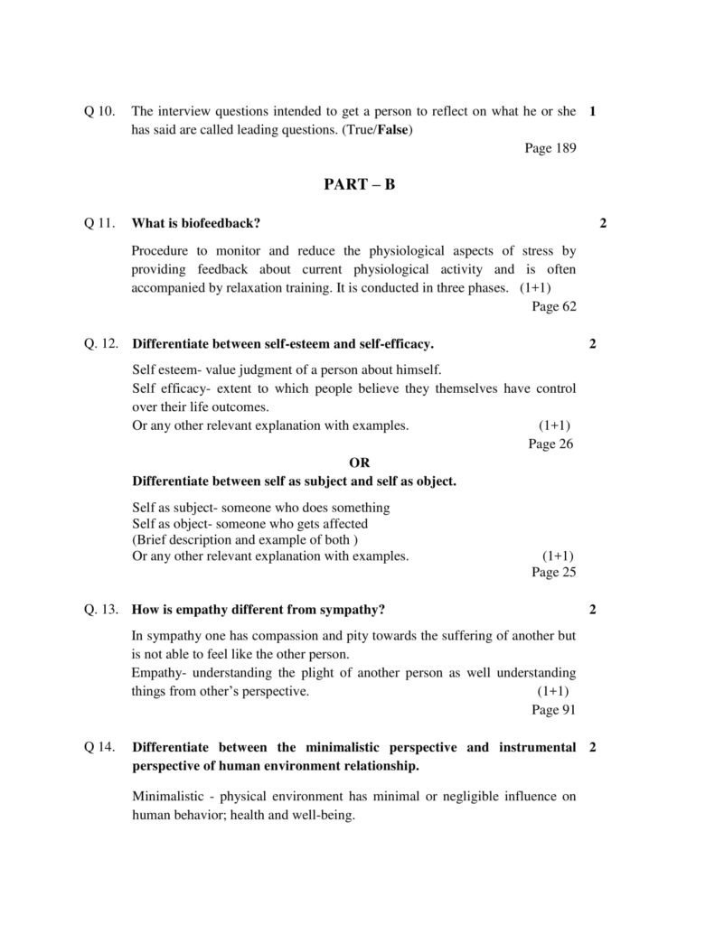 Psychology Class 12 Marking Scheme, Solved Paper with answers PDF Download 2018-19