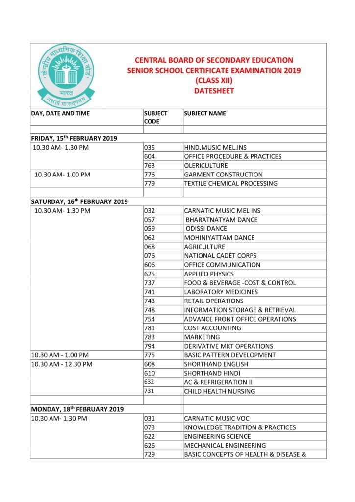 CBSE Class 12 Date Sheet For Board Exams 2019