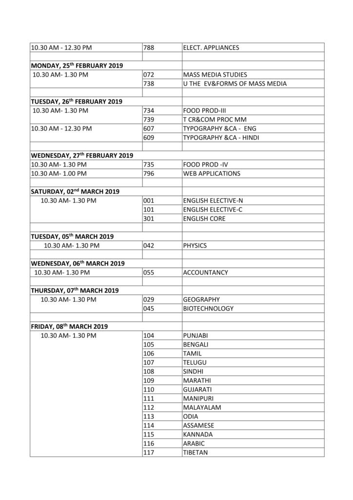 CBSE Class 12 Date Sheet For Board Exams 2019