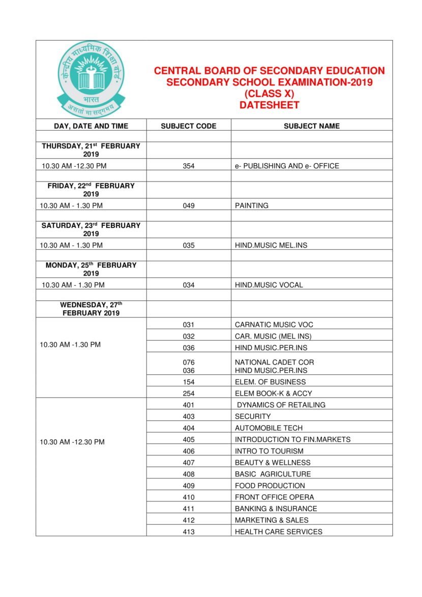 CBSE Class 10 Date Sheet For Board Exams 2019