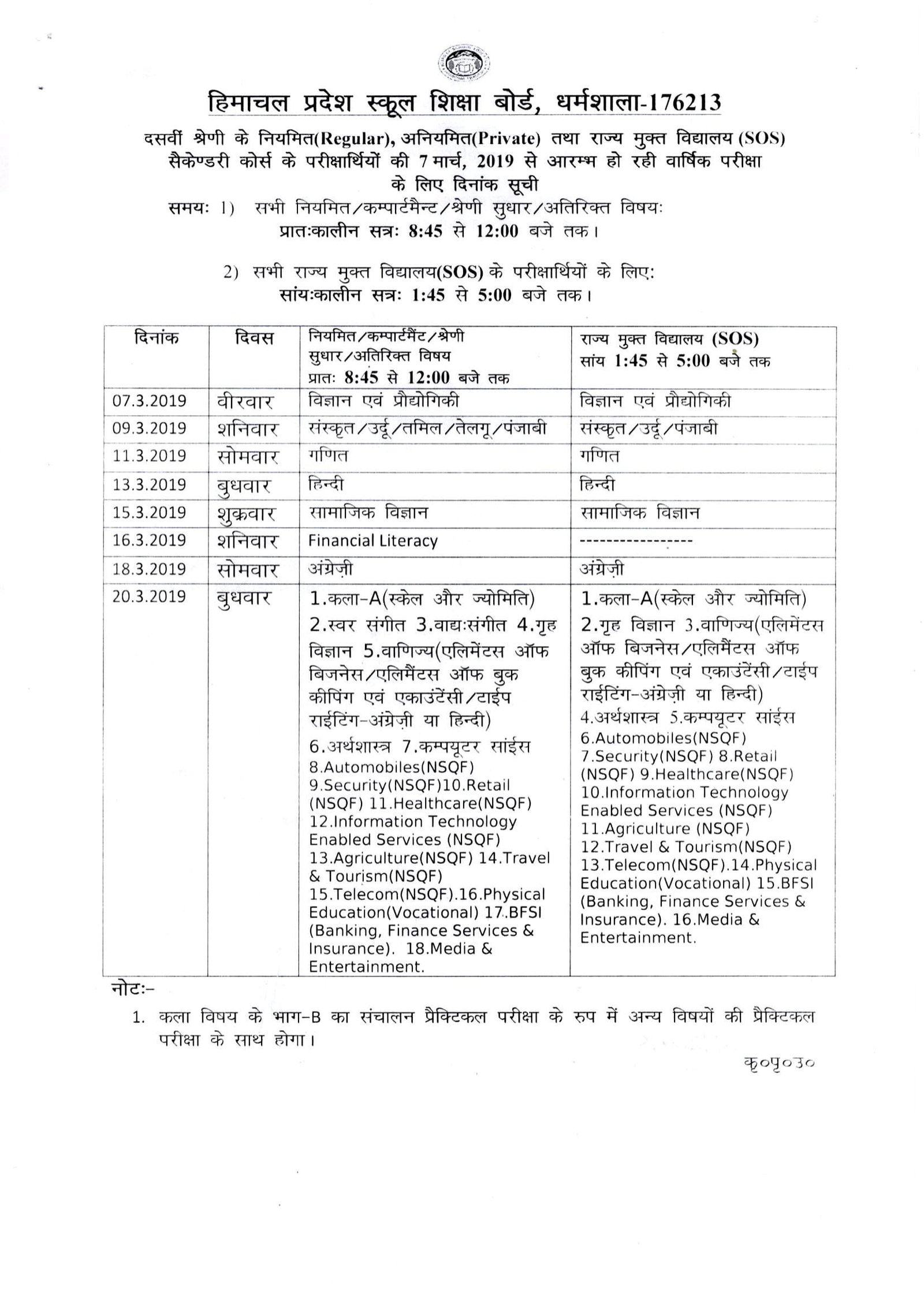 class improvement cbse 12 2019 exam Class hpbose.org HPBOSE Date 10 Matric Sheet Exam 2019,