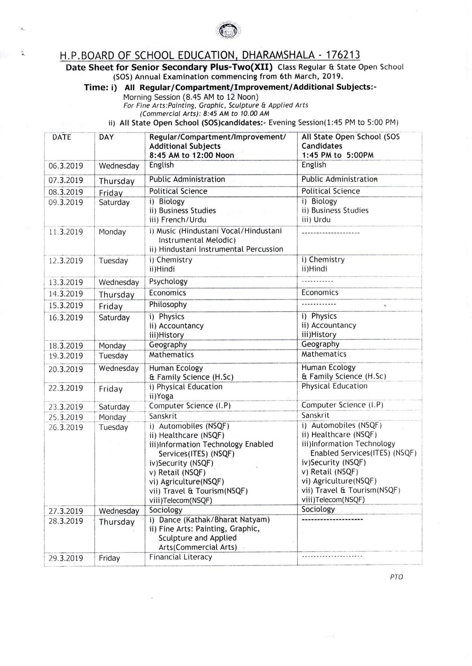 HPBOSE Class 12 Date Sheet 2019, hpbose.org Plus 2 Exam Notification