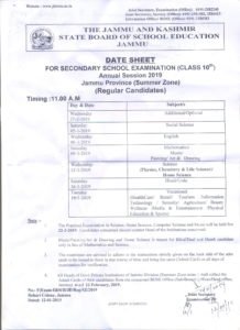 Jkbose 10th Date Sheet 2019 Jammu Kashmir Board Class X Board