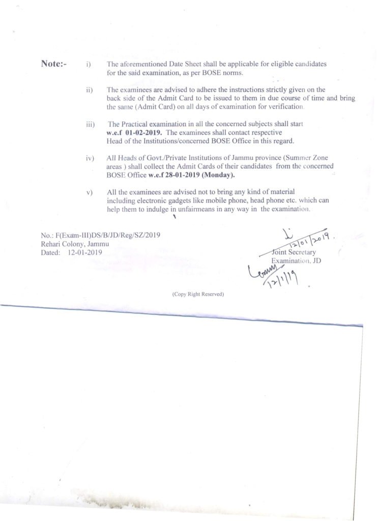 JKBOSE 12th Date Sheet 2019, Jammu & Kashmir Board Class XII Board Exam