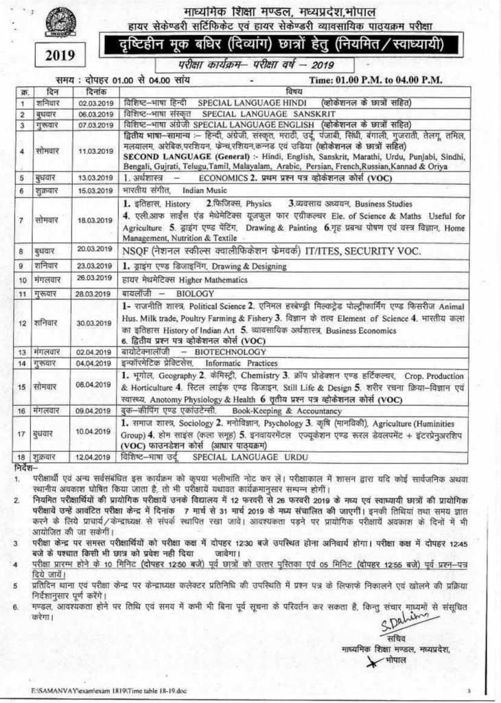 MPBSE Class 12 Time Table 2019, MP Board HSC Time Table