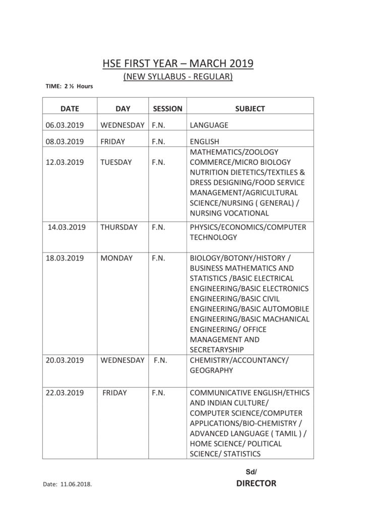 TN Board HSE 1st, 2nd Year Time Table 2019, dge.tn.gov.in Old & New Pattern