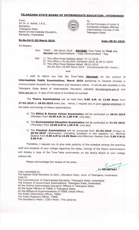 TS Intermediate Time Table 2019, Telangana IPE 1st , 2nd Year March