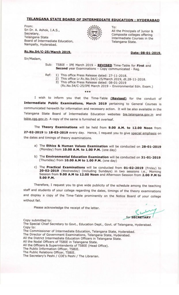 Revised TS Intermediate Time Table 2019, Telangana IPE 1st , 2nd Year March Board Exam