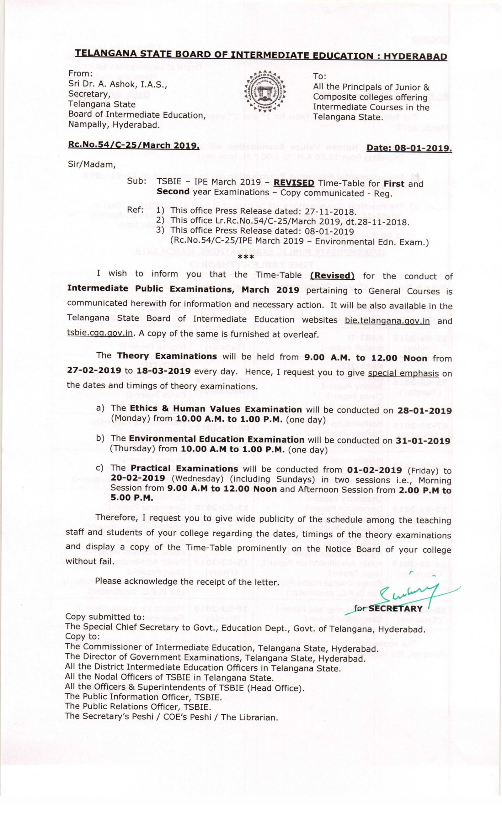 TS Intermediate Time Table 2019, Telangana IPE 1st , 2nd Year March ...