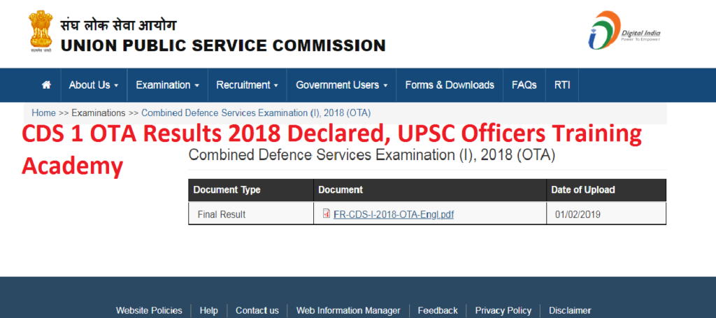 CDS 1 OTA Results 2018 Declared, UPSC Officers Training Academy