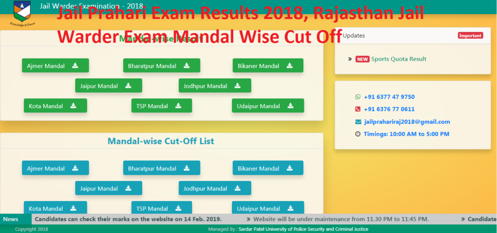 Jail Prahari Exam Results 2018, Rajasthan Jail Warder Exam Mandal Wise Cut Off