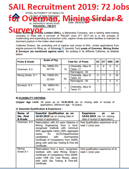 SAIL Recruitment 2019: 72 Jobs for Overman, Mining Sirdar & Surveyor