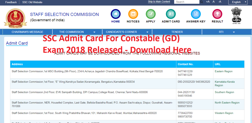 SSC Admit Card For Constable (GD) Exam 2018 Released - Download Here