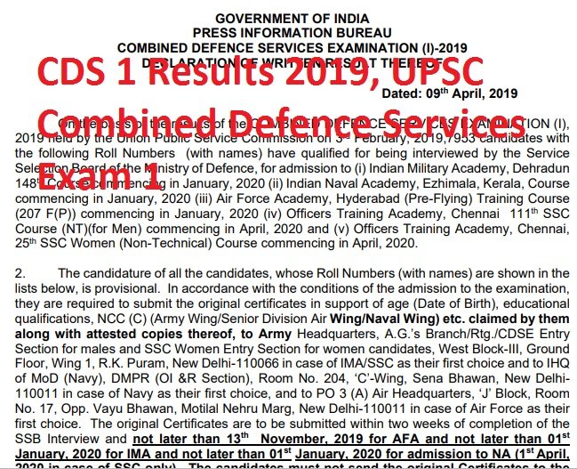CDS 1 Results 2019, UPSC Combined Defence Services Exam 1