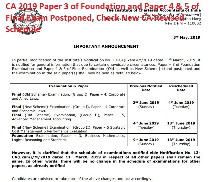 CA 2019 Paper 3 of Foundation and Paper 4 & 5 of Final Exam Postponed, Check New CA Revised Schedule