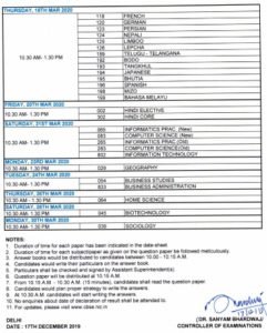 CBSE Class 12 DateSheet For Board Exams 2020