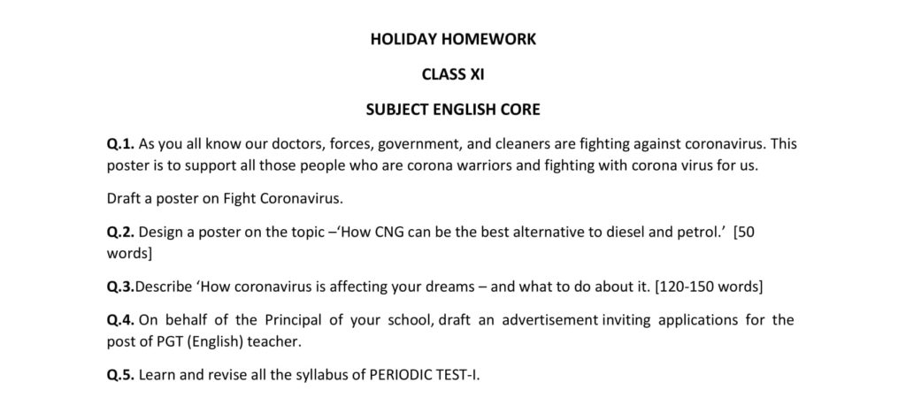 Summer Vacation Holiday Homework for Class 11