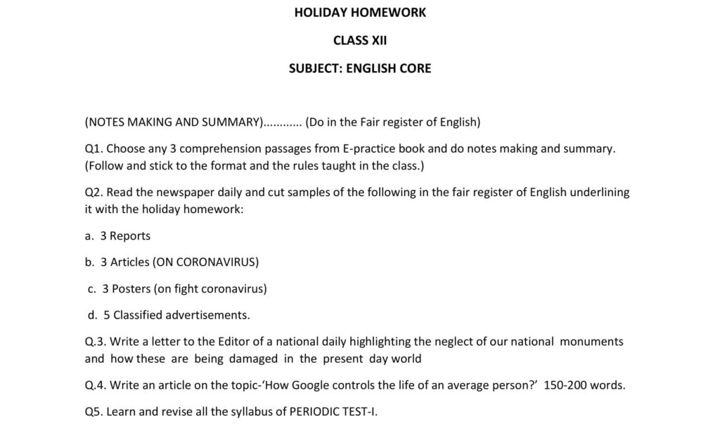 Summer Vacation Holiday Homework for Class 12