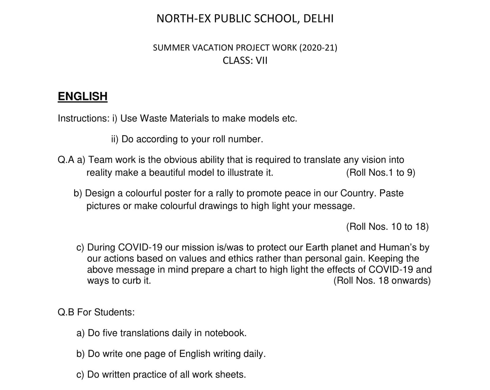 Summer Vacation Holiday Homework For Class 7