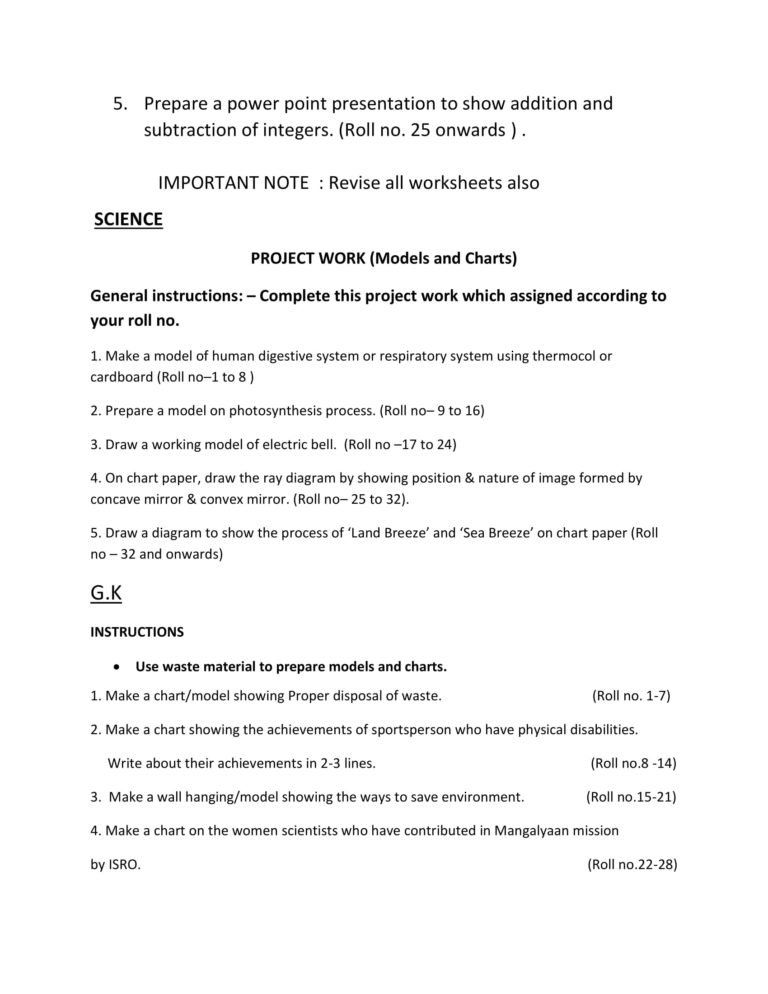 Summer Vacation Holiday Homework for Class 7