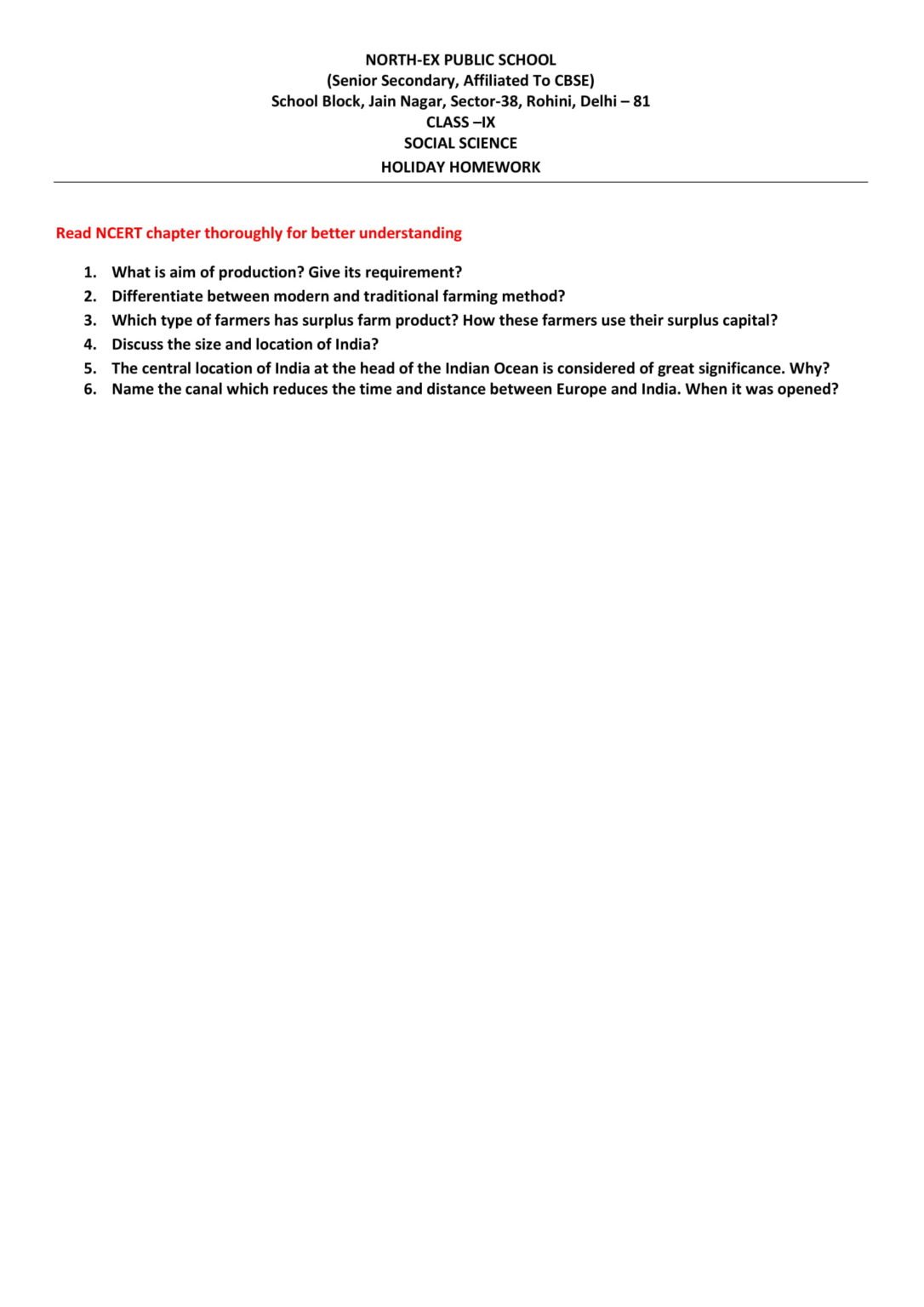 Summer Vacation Holiday Homework for Class 9