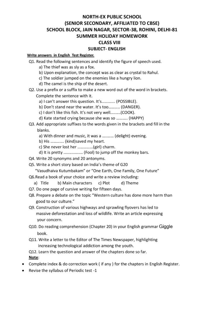 Summer Vacation Holiday Homework for Class 8