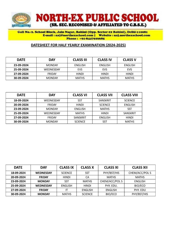 Half-Yearly Datesheet, First Term Exam Session 2024-2025